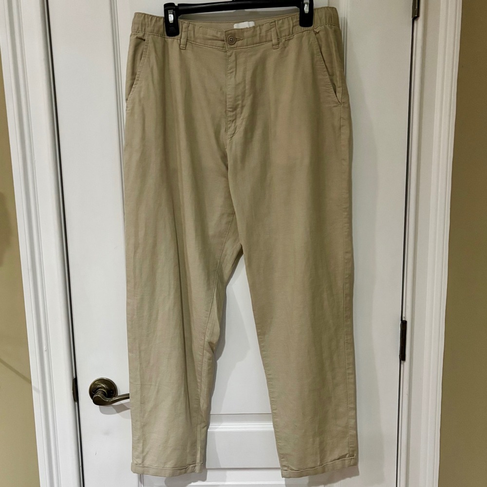 H&M Mens Regular Fit Linen Cotton Blend Chino Pants Khaki Beige Size 36 x 28